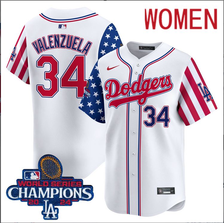 Women MLB Los Angeles Dodgers #34 Valenzuela American Style white 2024 World Series Champions  Limited Jersey